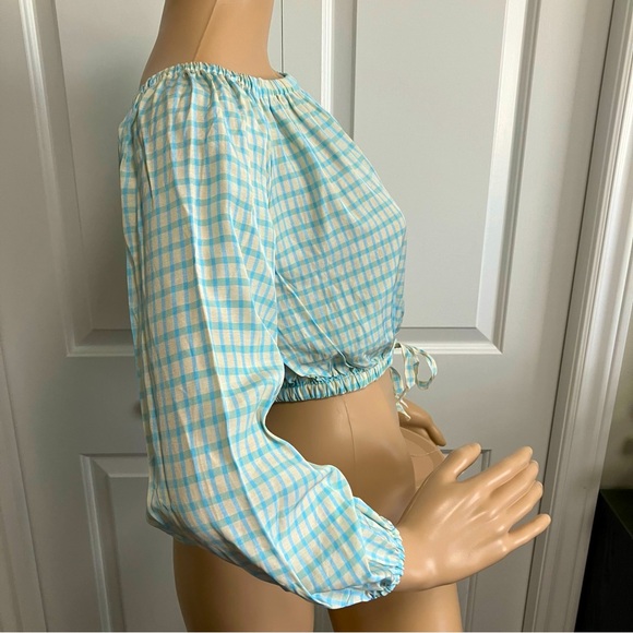 NWT | Wilfred Aritzia | Blue & Offwhite plaid crop top with long sleeves - Picture 3 of 9